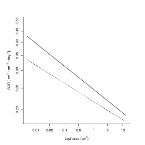 Figure 2. Size-standardised growth rates decline with time.