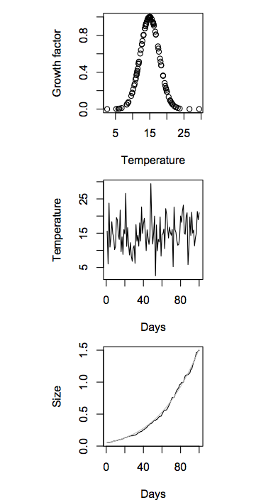 Growth is sensitive to temperature (top) and temperature varies each day (middle). This means that the growth curve wobbles around the mean value (bottom).